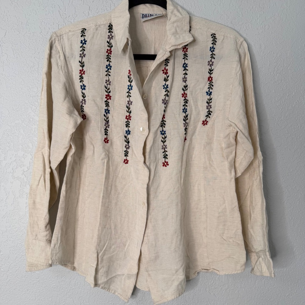 Bill‎ Blass Jeans Cream Floral Embroidered Linen Blend Button Down Shirt Small
